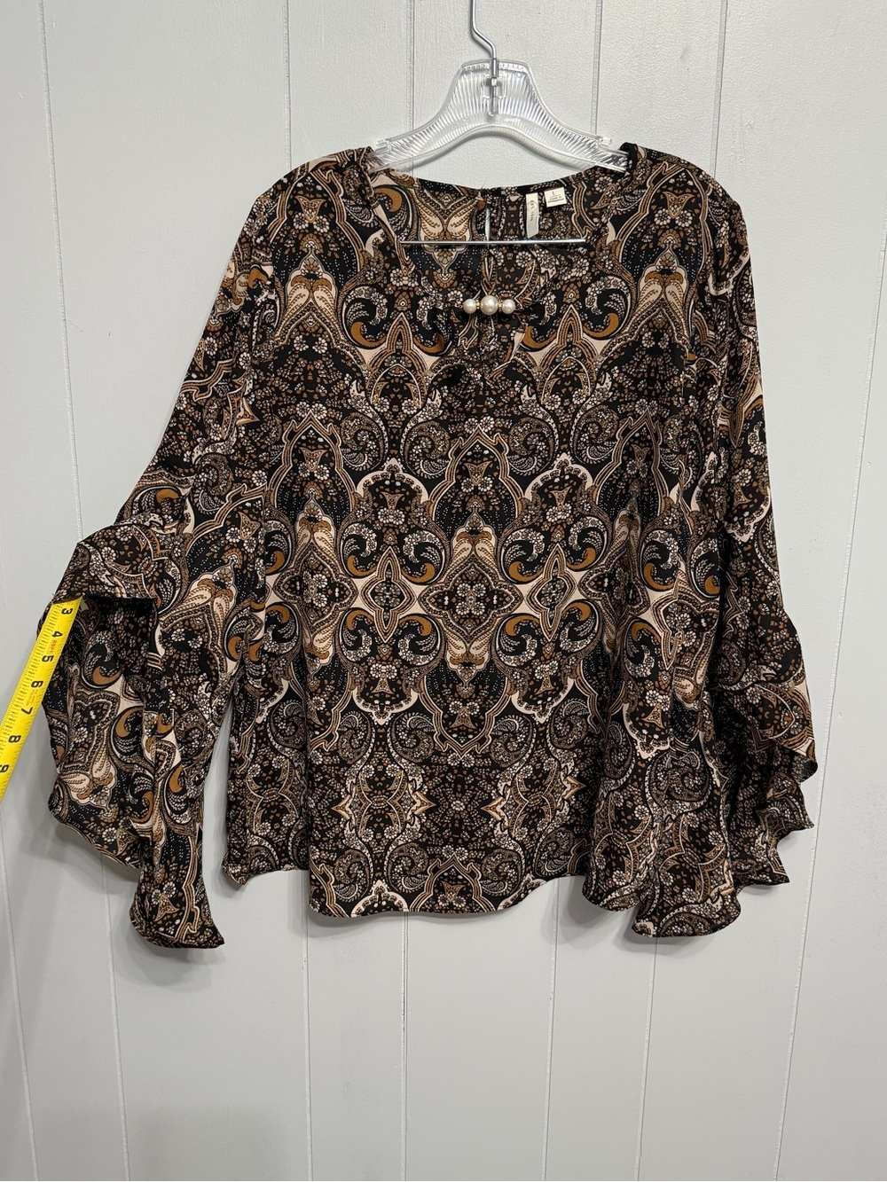 #13) Ruffle-Sleeve Paisley Blouse in Brown